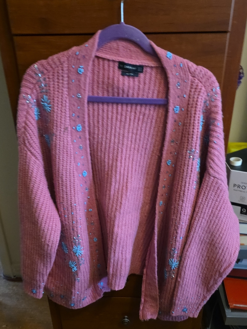 Zara Pink Knit Open-Front Cardigan with Blue Sequin Flowers